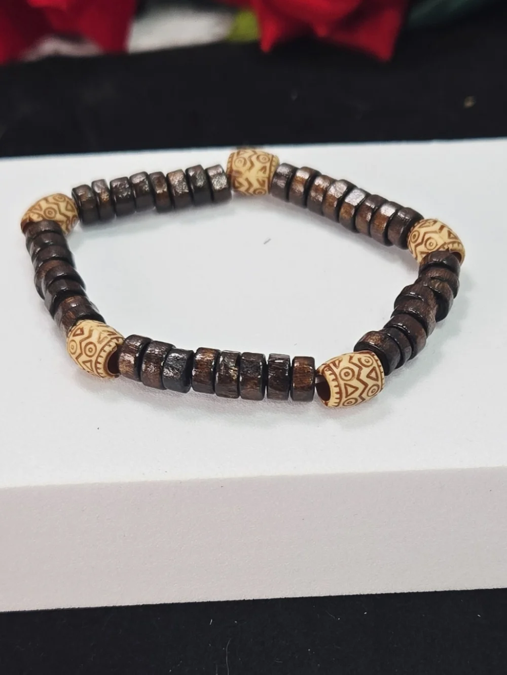 Wood Bead Bracelet Tribal Pattern Stretch Bracelet Boho Ethnic Unisex Natural